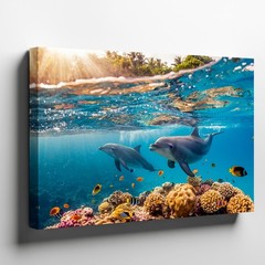Wall Art Vibrant Underwater Scene Featuring Two Playful Dolphins Canvas Print