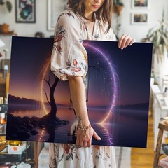 Surreal Moonlight Swing Canvas Wall Art Mystical Tree and Water Reflection Print