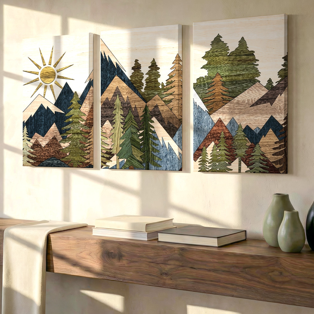 3 Pieces Mountain Landscape Sun Trees Earthy Tones Large Wall Art Canvas Decor