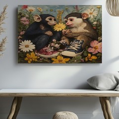 Cute baby monkeys with colorful sneakers and flowers canvas wall art decor print