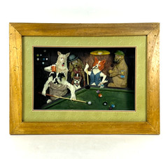 Vintage Dogs Playing Pool Billiards 3D Diorama ~ Wood Frame 18 x 13 ~ Very Good