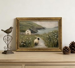 Rustic Coastal Sheep Oil Painting in Vintage Gold Frame – Farmhouse Wall Decor