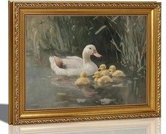 Vintage Gold Framed Duck Family Canvas Wall Art, Countryside Ducks in River P…