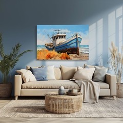 Old Fishing Boat Coastal Painting Print on Framed Canvas, Nautical Coastal Decor