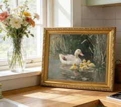 Vintage Gold Framed Duck Family Canvas Wall Art, Countryside Ducks in River P…