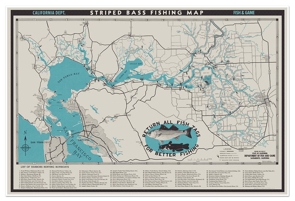 Map of Central California Striped Bass Fishing Grounds and Waterways c. 1952