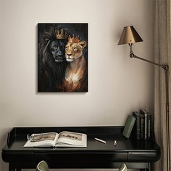 King and Queen Lions with Crowns Canvas Wall Art, Majestic Wildlife Home Decor