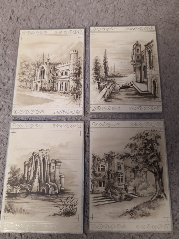 Vintage European Architecture Art Card Set of 4 Sepia Gothic Scenes 3.5×4.75″