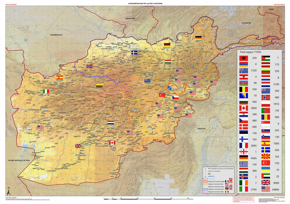2009 Afghanistan Map ISAF RC PRT Locations Troop Strength NATO OTAN Military