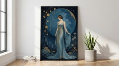 Art Deco Woman Poster Light Blue Gold Full Moon 1920s Goddess Wall Art Print
