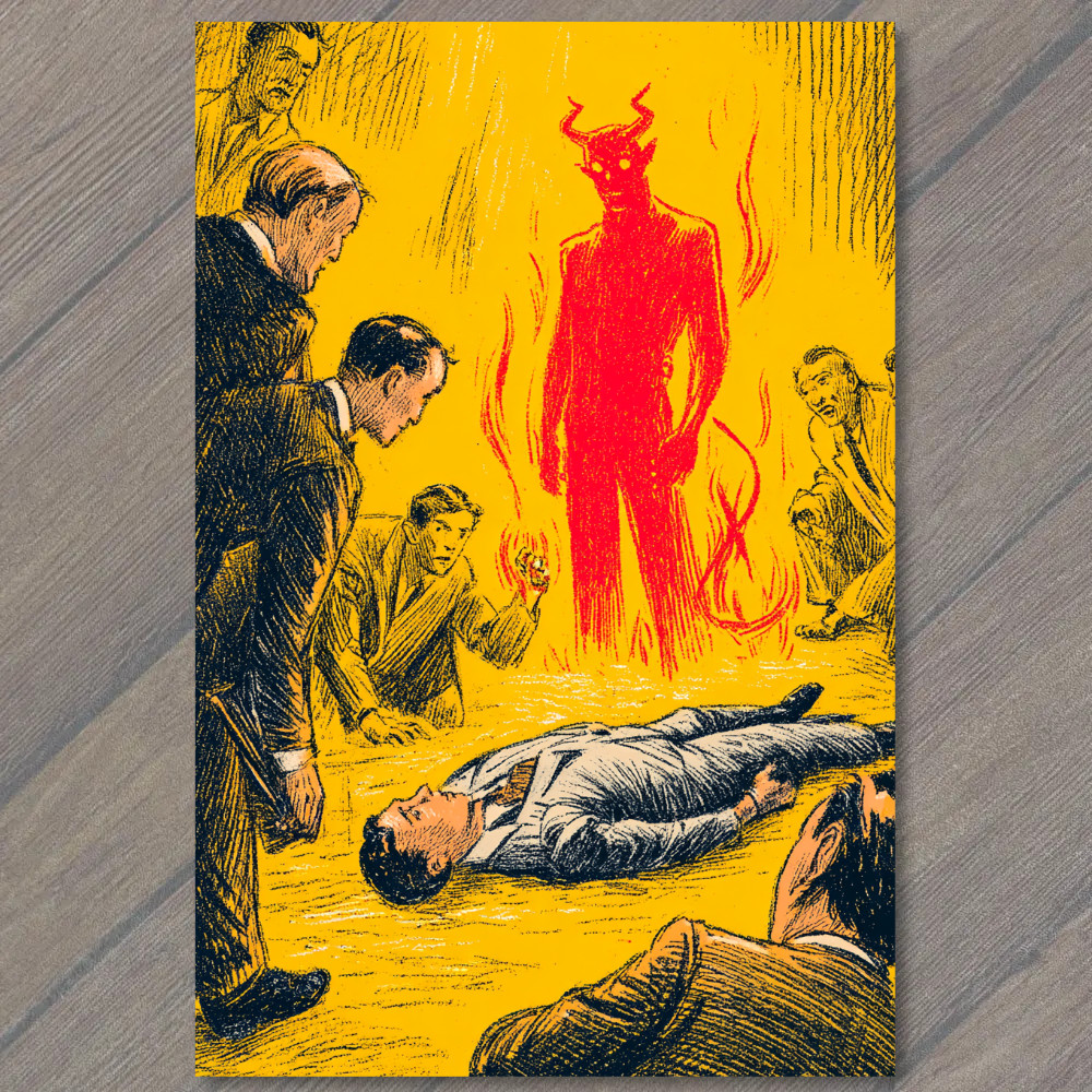 Art Print Fiery Red Devil Surrounded by Men Yellow Background Retro Horror Style