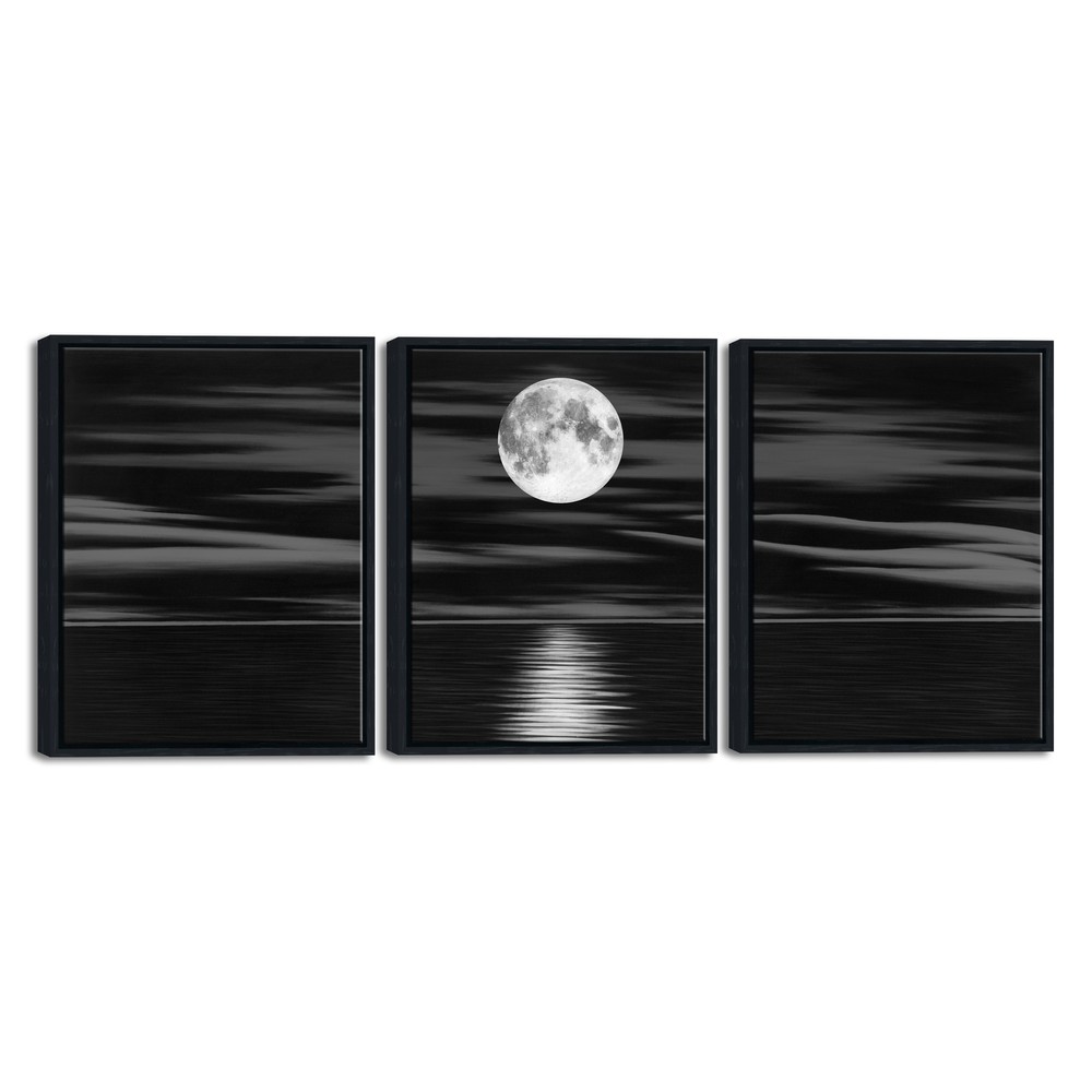 Framed 3 Panel Sea White Full Moon Black and White Ocean Beach Canvas Wall Art