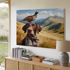 Dog with bird on head wildlife nature canvas wall art mountain landscape decor