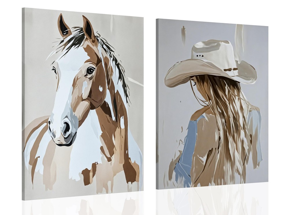 2pcs Framed Western Cowboy Girl Wall Art Oil painting style Cowboy Girl and H…
