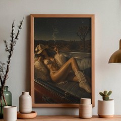 Retro Cowgirl Cadillac Poster Vintage Western Glam Wall Art Smoking Woman Desert