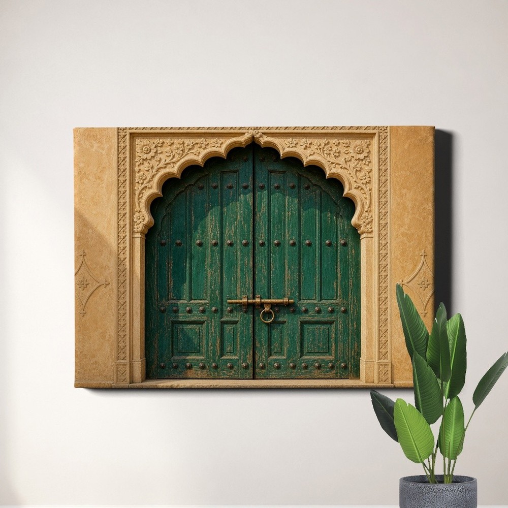 Ornate Green Wooden Door Wall Art Carved Doorway Architecture Photo