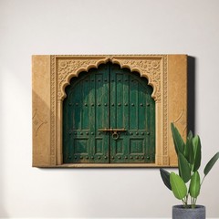 Ornate Green Wooden Door Wall Art Carved Doorway Architecture Photo