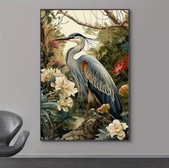 Canvas Wall Art HERON IN TROPICAL FLOWERS 12 x 18 Unframed 896
