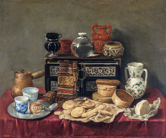 STILL LIFE WITH AN EBONY CHEST FOOD CHEESE PAINTING BY ANTONIO DE PEREDA REPRO