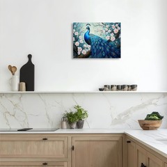 Canvas Art Framed Blue Peony Peacock Cherry Blossom Oil Painting Wall Decor
