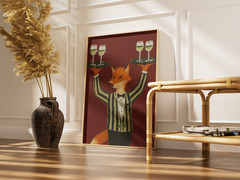 Fox Waiter Art Poster – Stylish Animal With Wine – Unique Kitchen Wall Decor