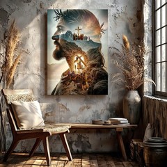 Wall Art Jesus Christ Crown of Thorns Carrying Cross Religious Canvas Print