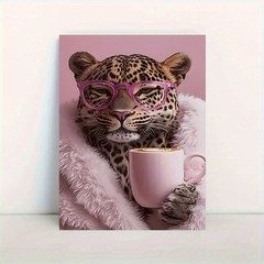 Framed Canvas Fashion Leopard Pink Glasses Fur Coat Coffee Funny Decor