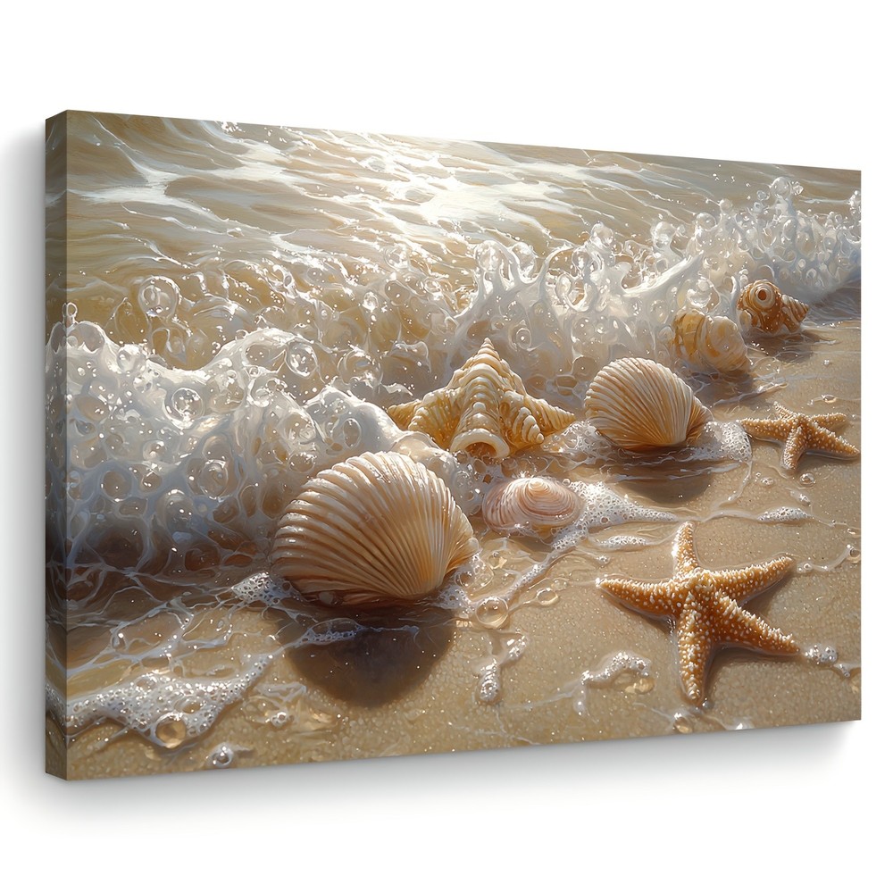Beach Seashell Starfish Soft Wave Framed Canvas, Bright Tropical Coastal Wall