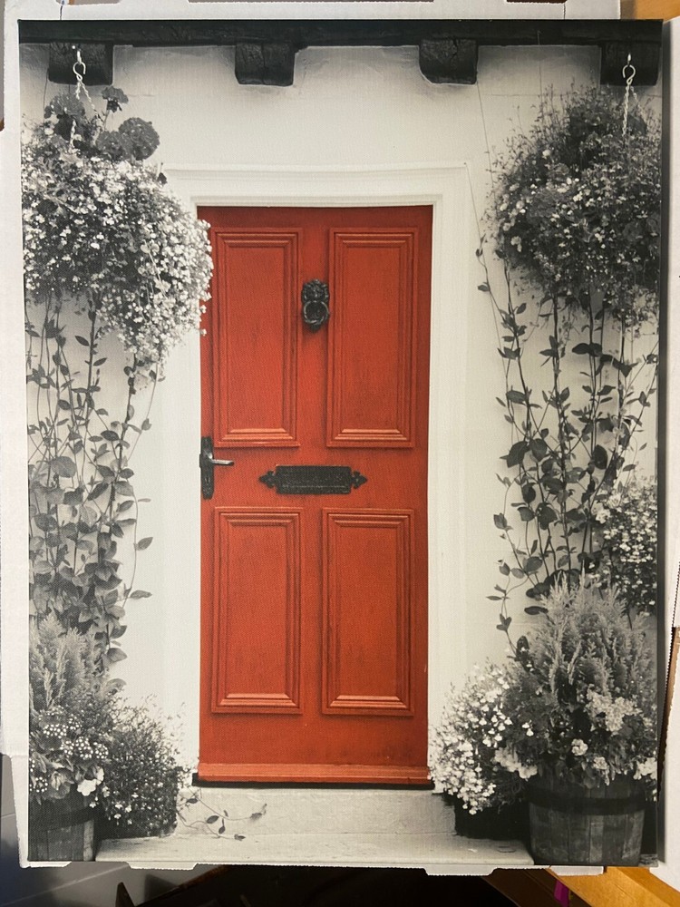 Pair of Framed Canvas Wall Prints, Country Cottage Door/Gate – red, white, black