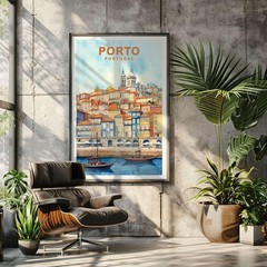 Porto Portugal Travel Poster – Retro Wall Art Featuring Colorful Riverside