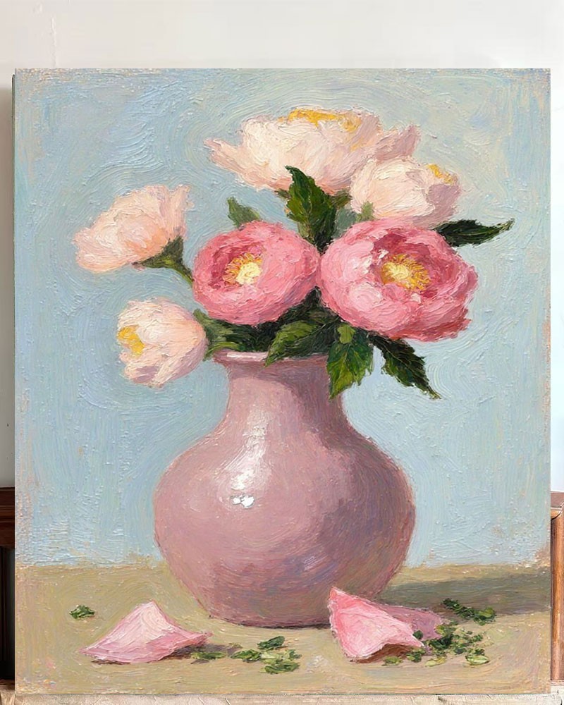 🌸 Romantic Peonies in Pink Textured Still Life Oil Painting Canvas floral print
