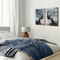 2 pcs Tree of Life Canvas Framed Wall Art Gothic Tree Painting Picture Surrea…