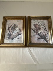 VTG Owl Framed Wall Art Set Of 2 Gold Wood Distressed Frames Rustic Nature Birds