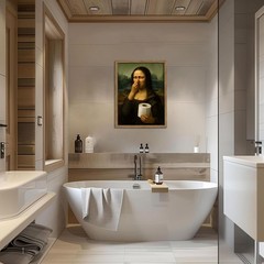 Funny Mona Lisa Pinch My Nose Museum Print Wall Art Canvas Bathroom Decor Framed