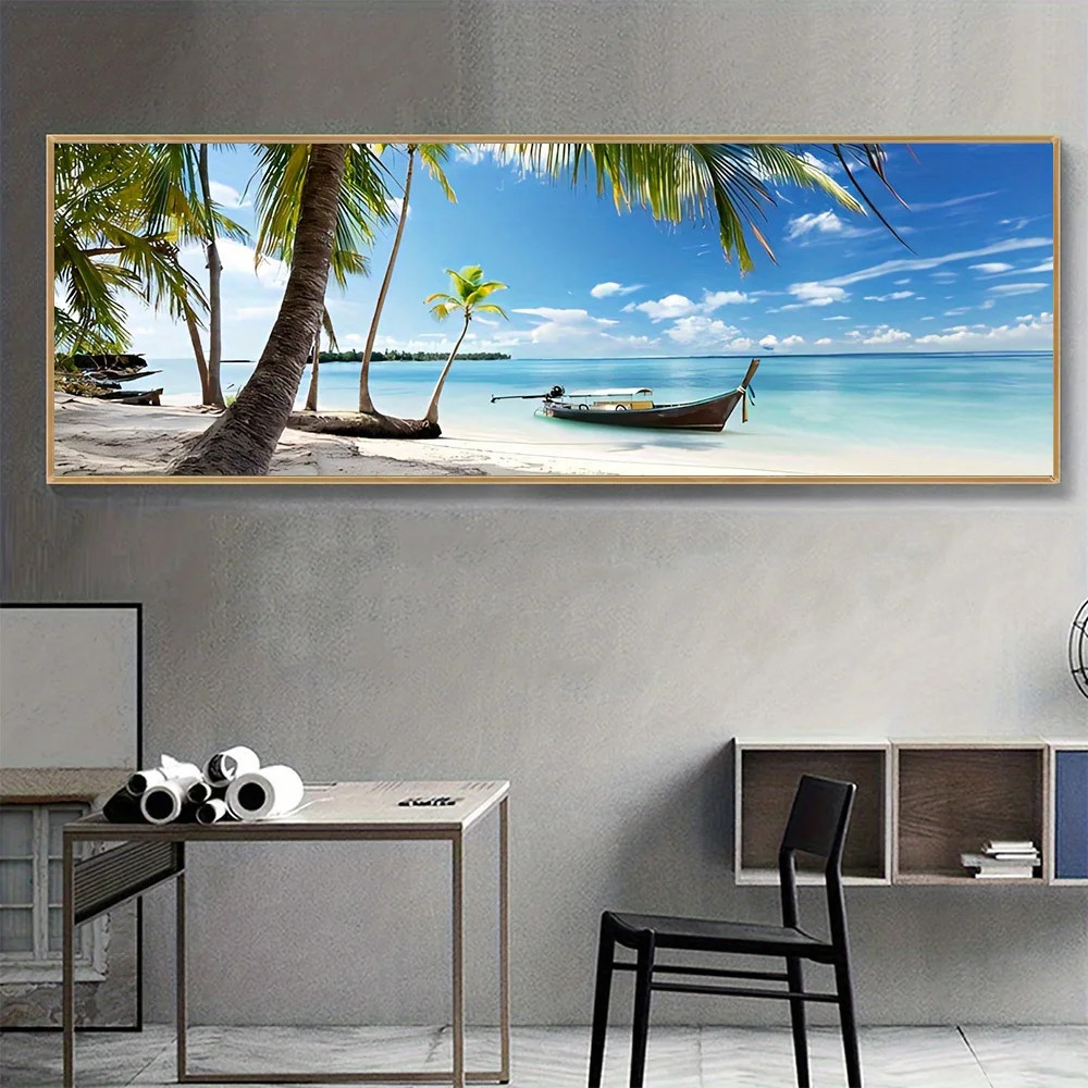 Coastal Landscape Canvas Art Print Beach and Boat Wall Art Canvas Painting Mural