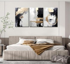 3pcs Framed Black White Gold Canvas Wall Art Abstract Geometric Textured Post…