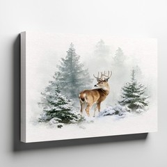 Winter Deer Canvas Art Wildlife Painting Snowy Pine Trees Nature Woodland Print