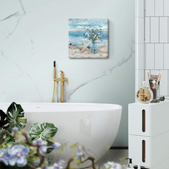 Bathroom Decor Wall Art Blue Beach Picture Ocean Theme Flower Canvas Print Moder