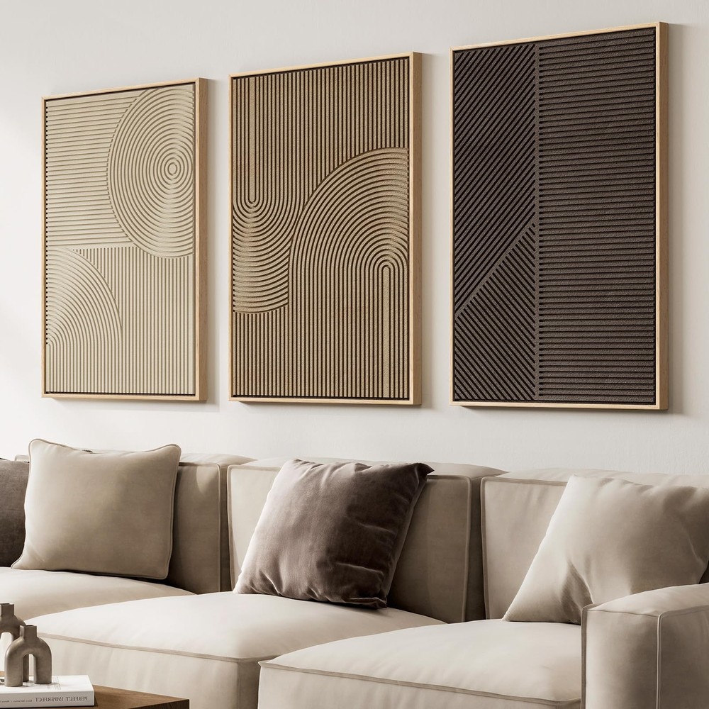 Abstract Wall Art Set 3pcs 24x36in Beige Brown Canvas