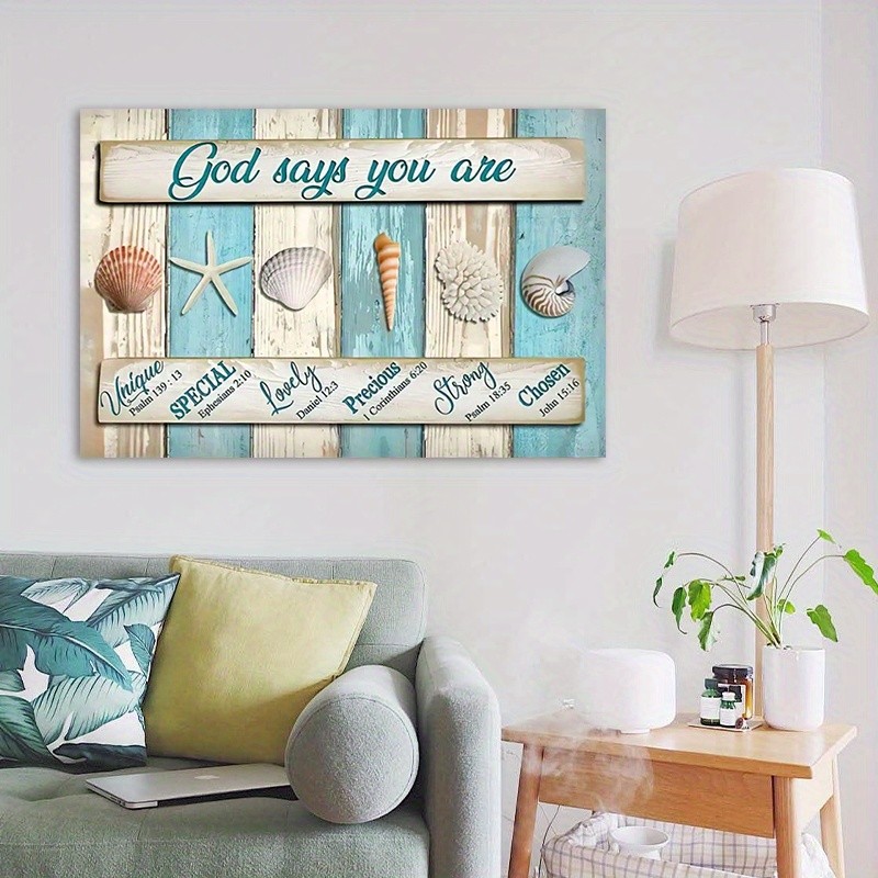 God Says You Are Seashell Bible Verse Canvas Art, Coastal Christian Wall Decor