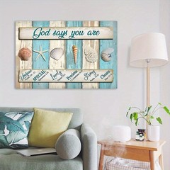 God Says You Are Seashell Bible Verse Canvas Art, Coastal Christian Wall Decor