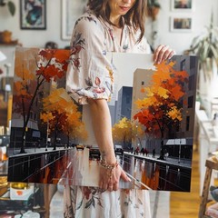 Rainy Autumn Cityscape Canvas Vibrant Urban Street Scene Art Wall Art