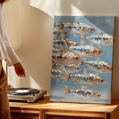 Wall Art School of Silver Fish Canvas Print Coastal Ocean Marine Painting Decor