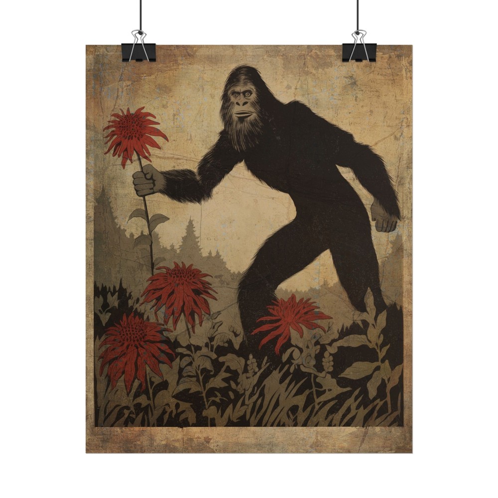 BIGFOOT BOTANICAL Poster Print, SASQUATCH Flower Wall Art, Cryptid Floral Decor