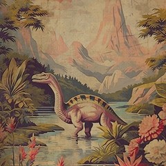 Vintage DINOSAUR BOTANICAL Wall Art, Jurassic Flower Decor, Dino Floral Print