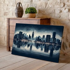 Modern city skyline at night with water reflection canvas wall art print decor