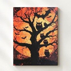 Autumn Owl Tree Canvas Folklore-Inspired Halloween Silhouette Art Wall Art