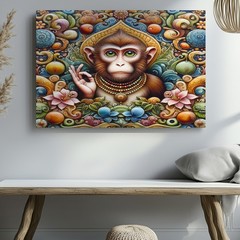 Colorful Spiritual Monkey with Ornamental Floral Design Abstract Wall Art Print