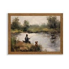 Serene Fishing Scene Wall Art for Nature Lovers, Rustic Wood Framed Wall Deco…