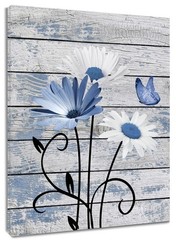 Farmhouse Floral Wall Art for Living Room, Blue and White Daisy Flower and Bu…